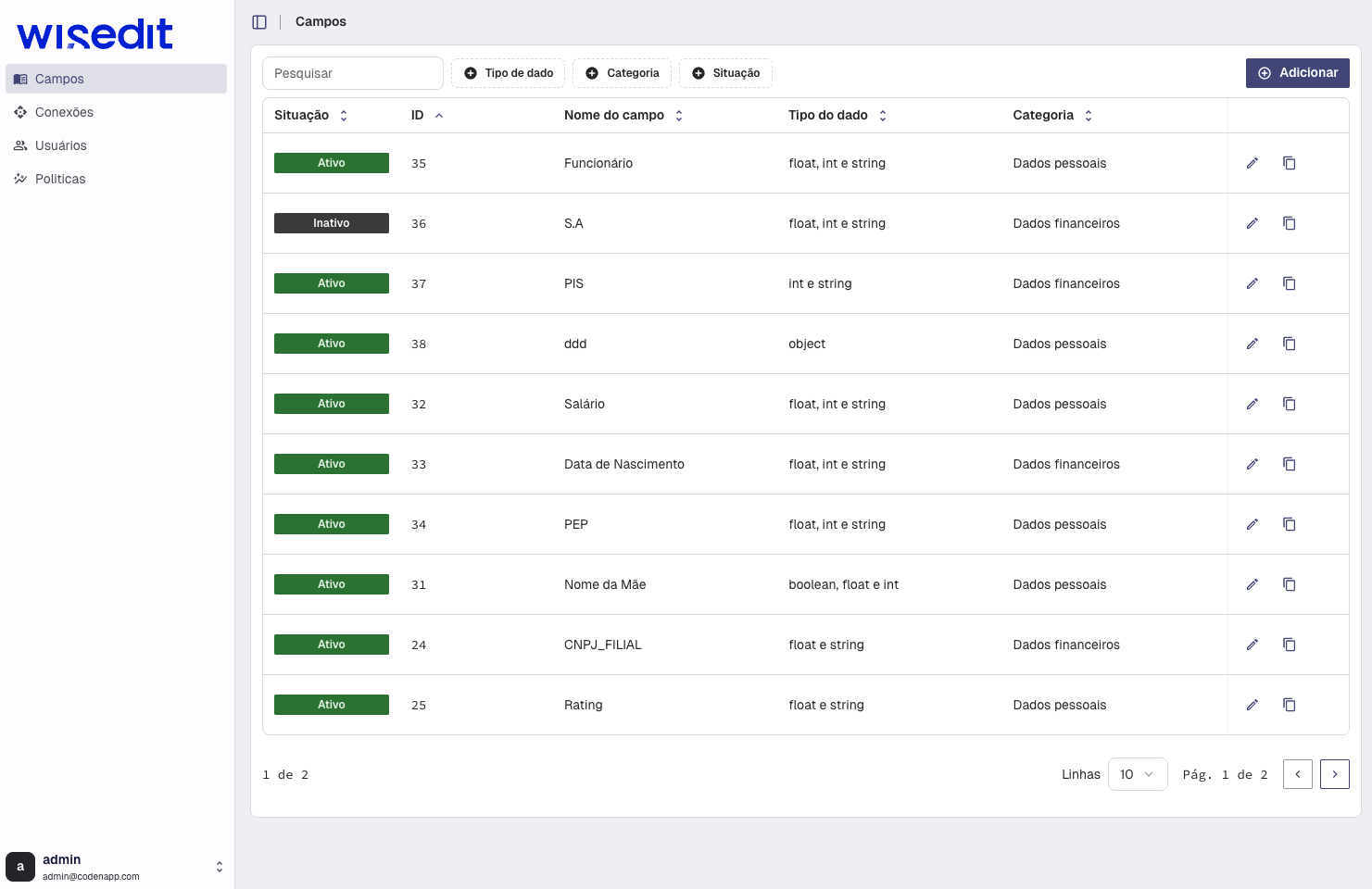 Tela de listagem de campos