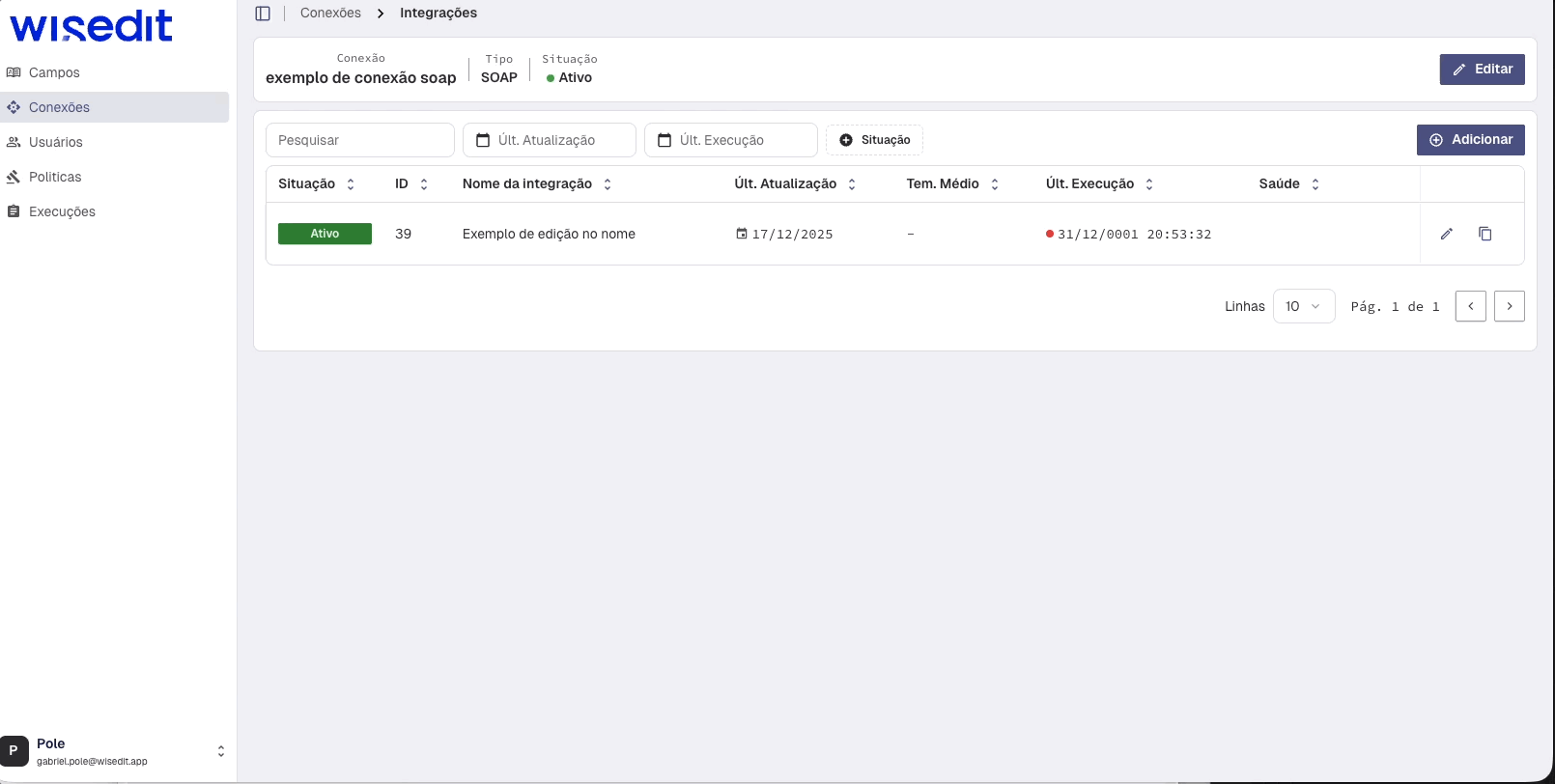 Editar integração SOAP