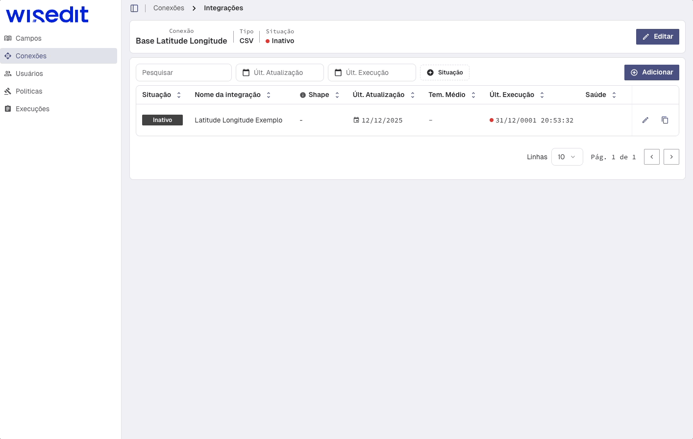 Listagem de integrações CSV