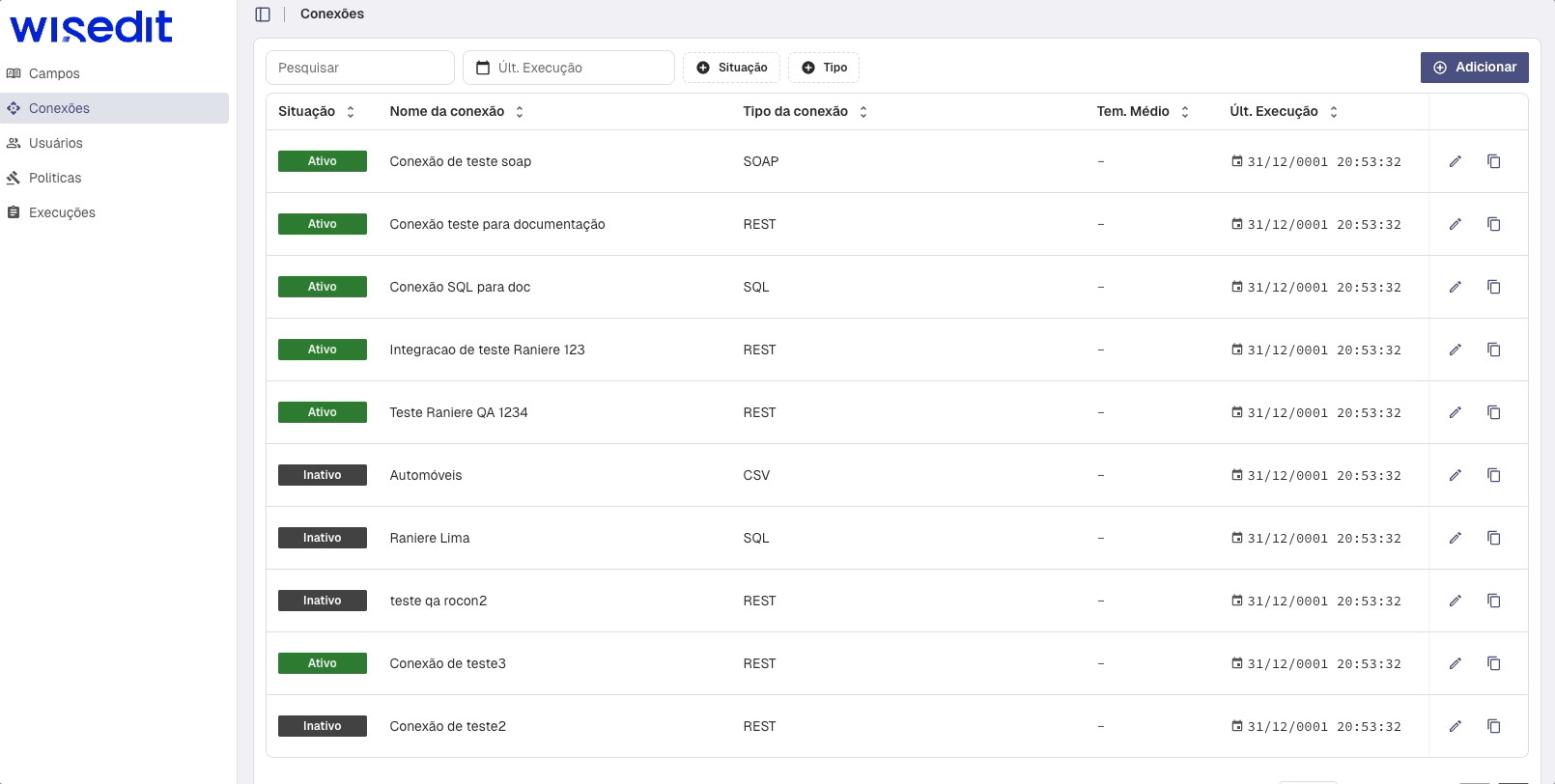 Listagem de integrações SOAP
