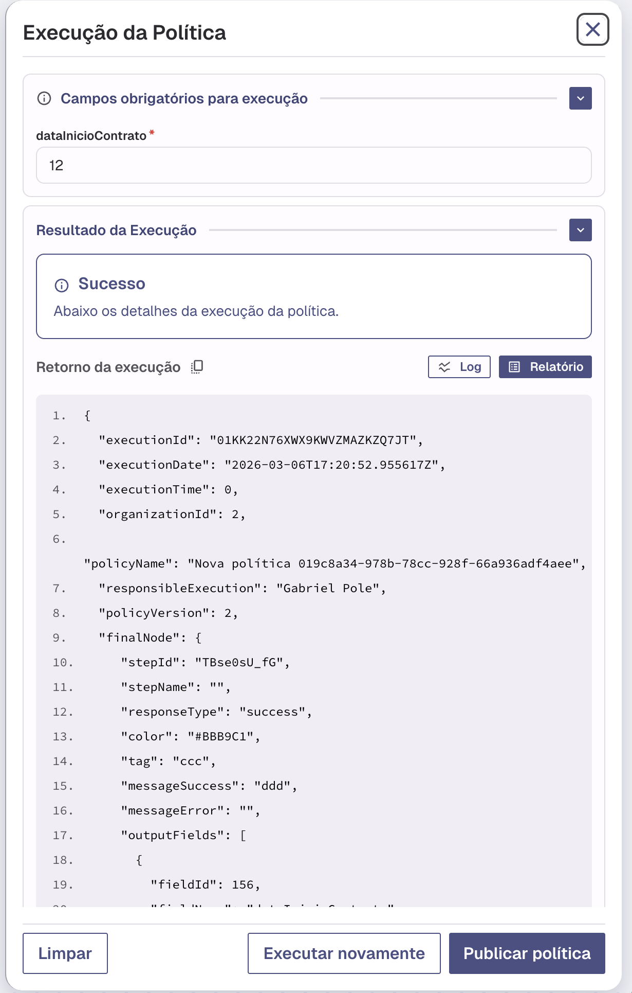 Modal de resultado da execução