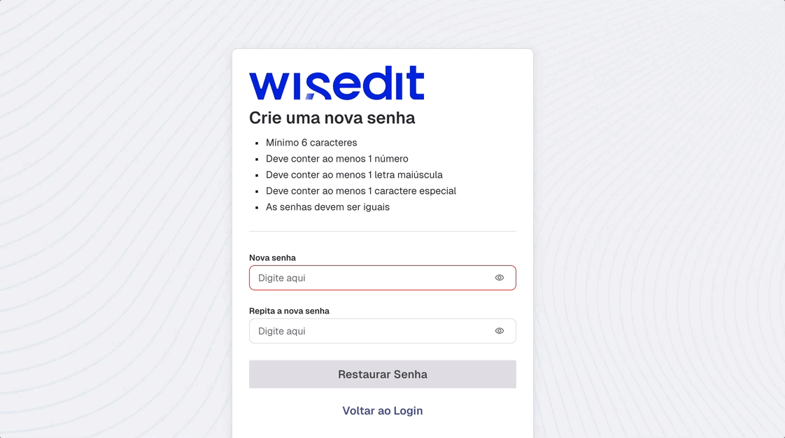 Tela de redefinição de senha
