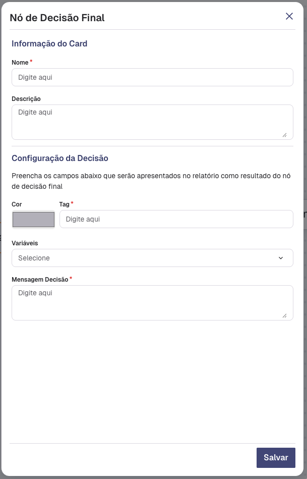 Modal de configuração do Nó Final