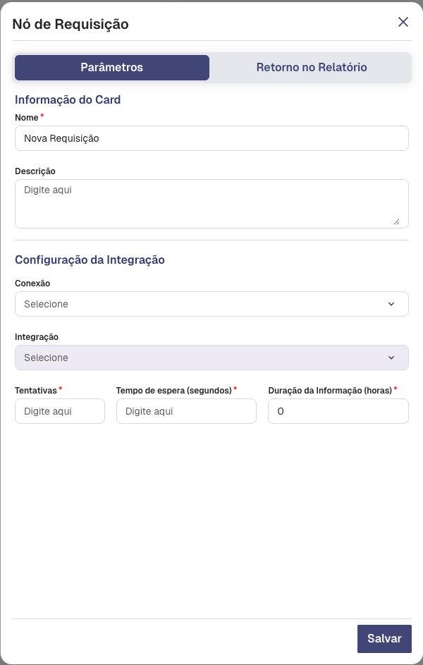 Modal de Parâmetros do Nó de Requisição